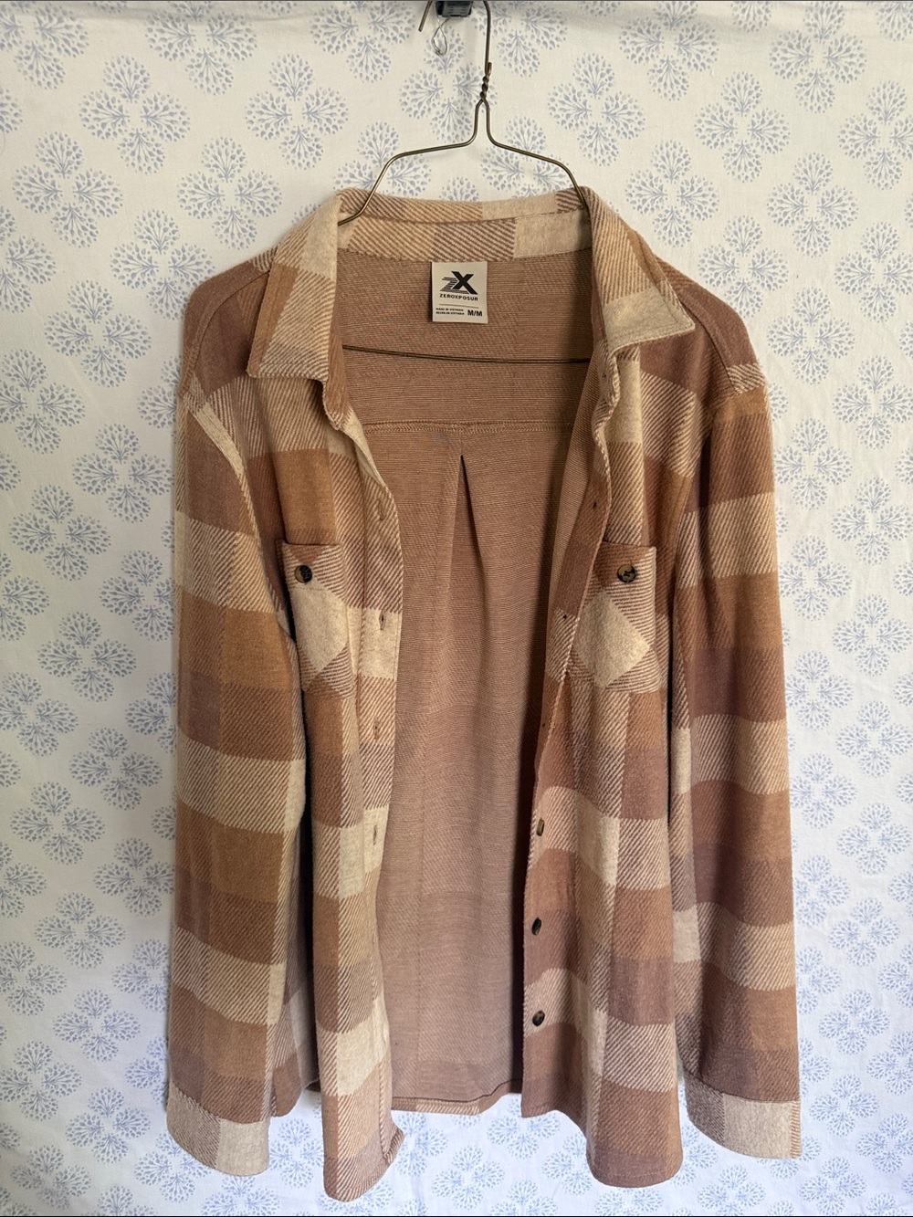 Flannel Plaid Button-Up Shirt Jacket in Beige & Taupe